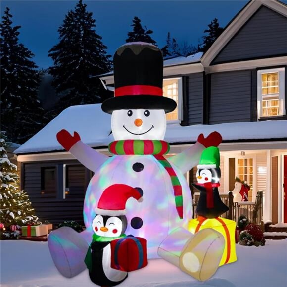 7.5FT Lighted Christmas Inflatables Snowman with Penguins Outdoor Decorations - Picture 1 of 7